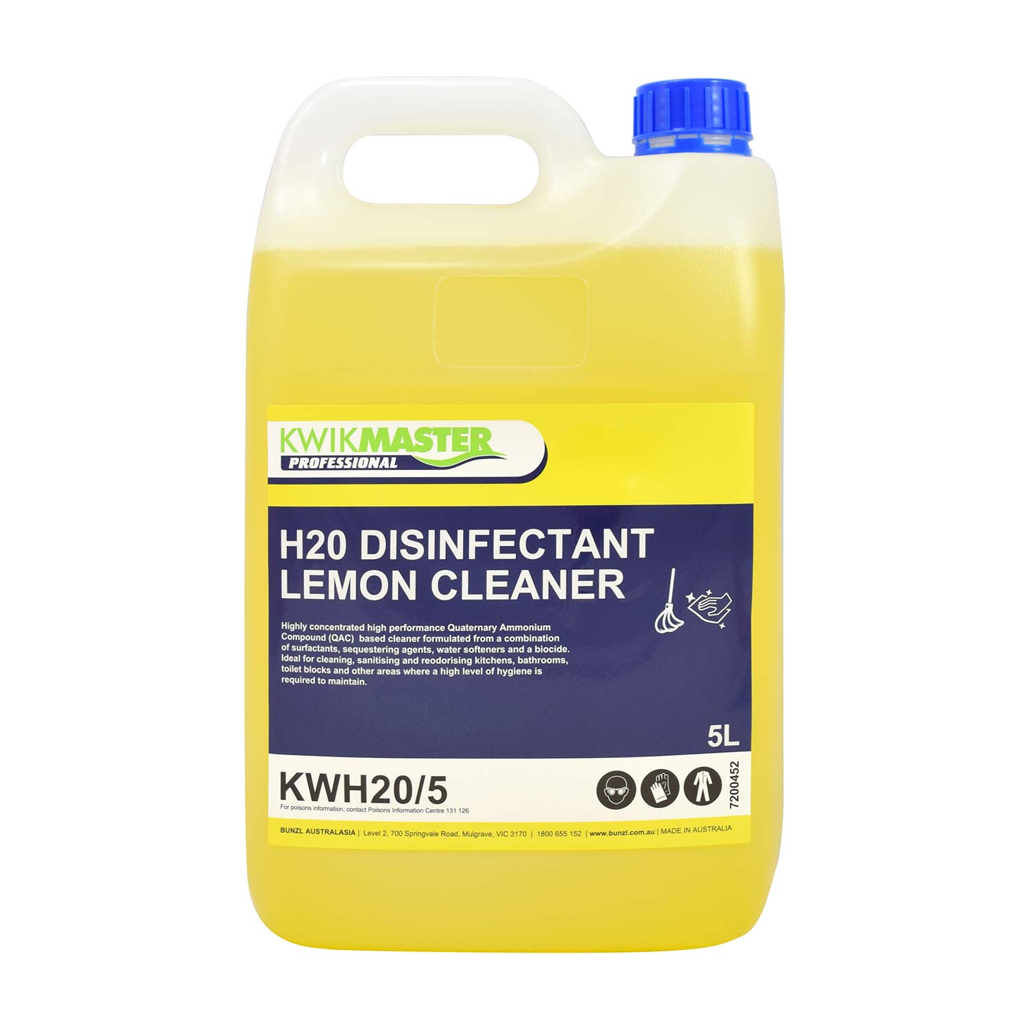 Kwikmaster H20 Disinfectant Lemon Cleaner 5L - Each